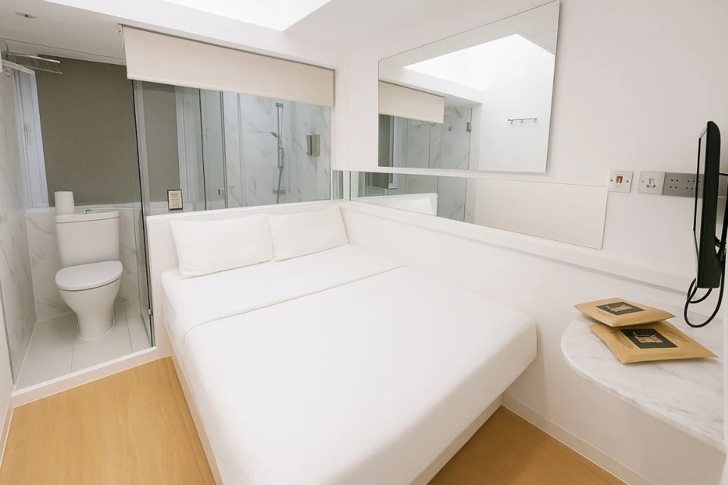 Modern budget hotel room in Hong Kong with double bed, glass bathroom, and minimalist white design