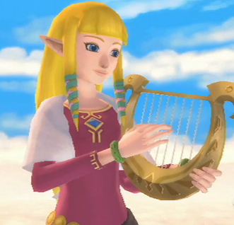 The updated look for Zelda, playing her harp in the sky.