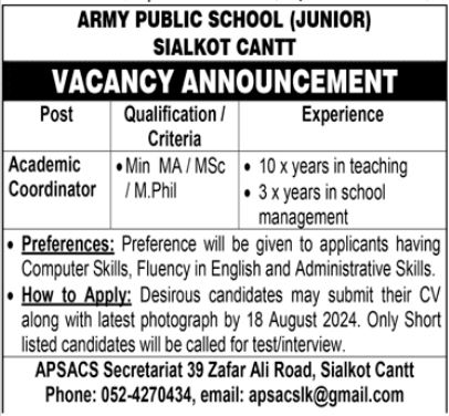 Army Public School APS Education Jobs In Sialkot 2024