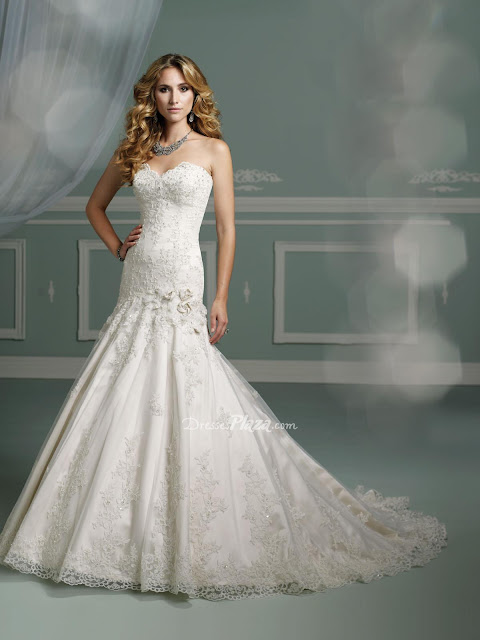 Beaded Lace Applique Over Satin Strapless Mermaid Sweetheart Dropped Waist Wedding Dress