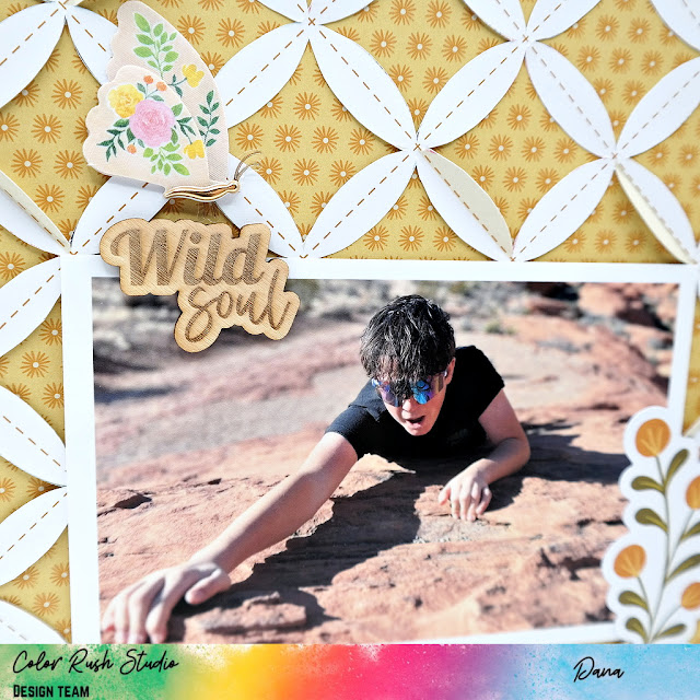 Wild Soul teen adventure scrapbook layout featuring Color Rush Studio wood and fabric embellishments and a hand cut patterned paper lattice overlay.