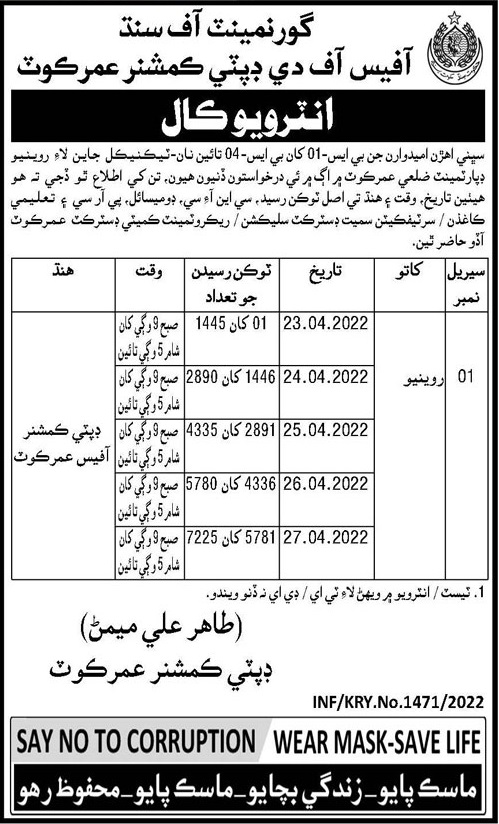 Latest Deputy Commissioner District Office Management Posts Umerkot 2022