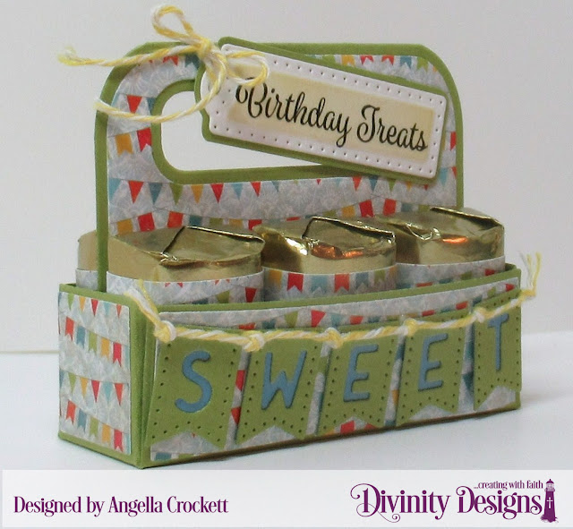 Divinity Designs LLC: Birthday Bash Paper Collection, Candy Carrier Dies, Alphabet Flags Dies, Treat Tags Dies, Treat Tag Sentiments 3; Designed by Angie Crockett