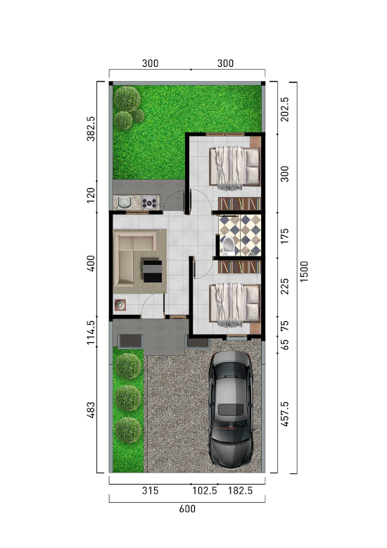Denah rumah minimalis  ukuran 6x15 meter 2 kamar  tidur  1 