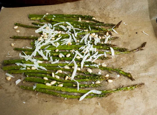 Roasted asparagus with pine nuts and Parmesan cheese