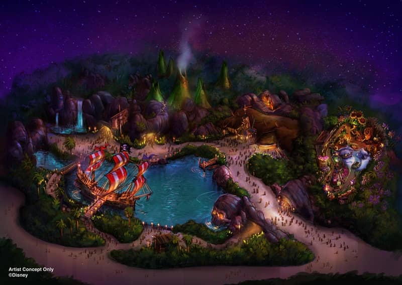 Panoramic view of Peter Pan's Never Land during nighttime | Image: ©Disney