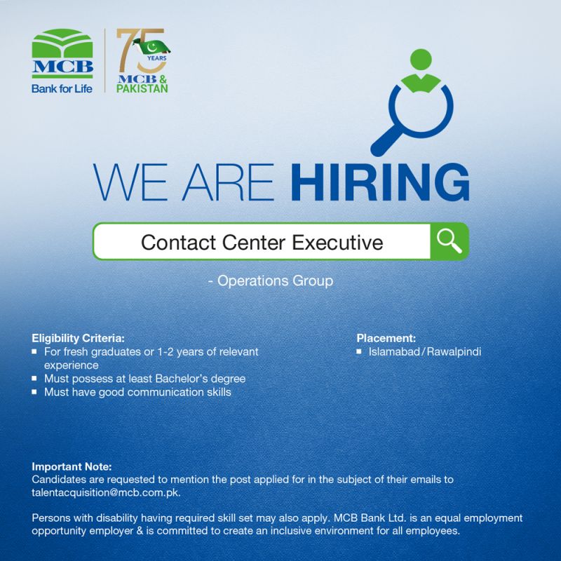 MCB Bank Jobs for Contact Center Executive