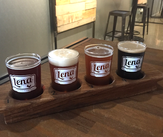 Sampling locally brewed craft beer at Lena Brewing Company in Lena, Illinois