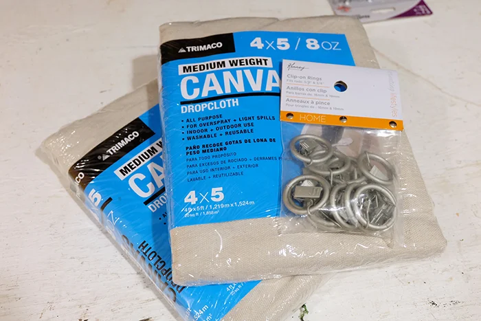 canvas drop cloths and clip curtain rings