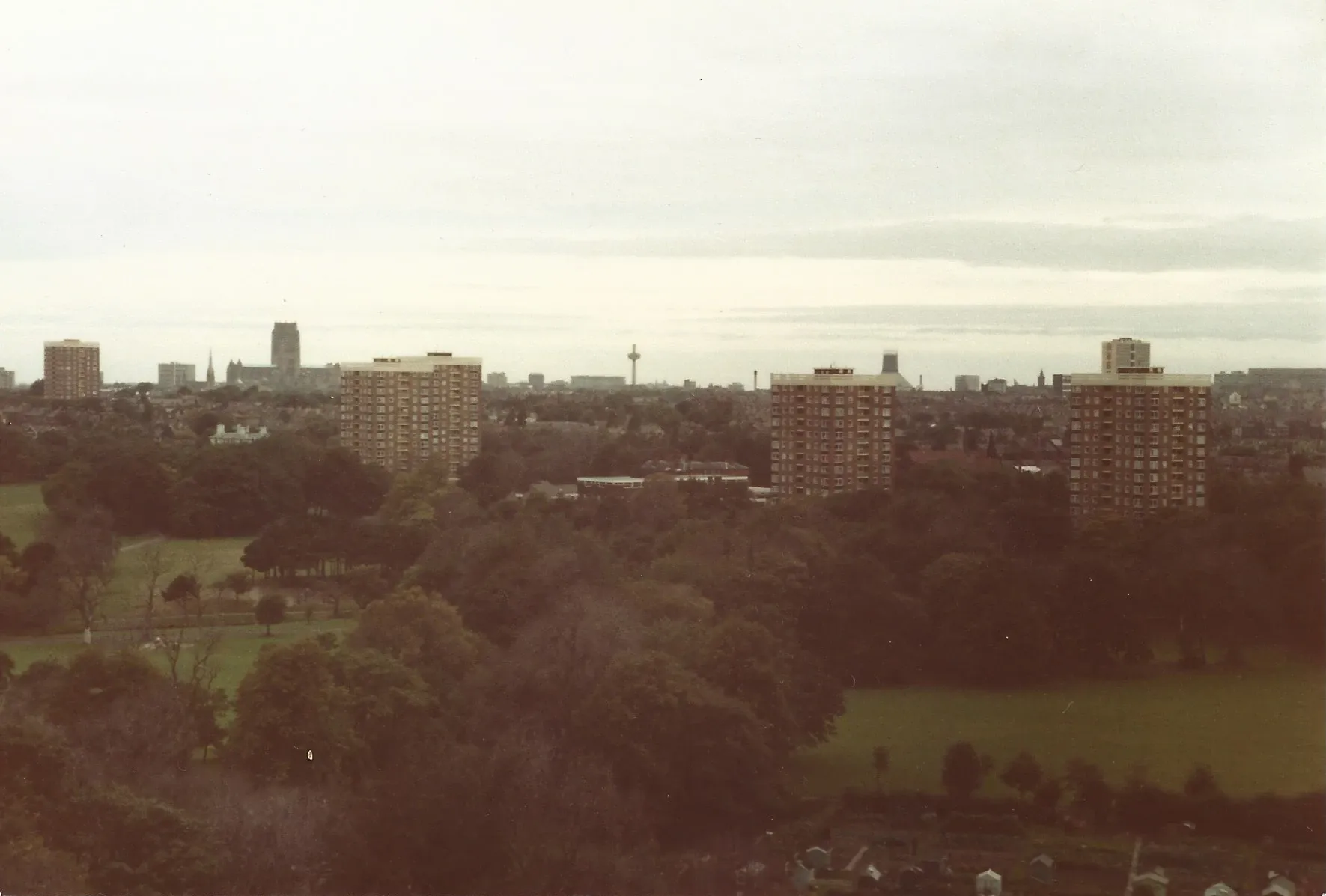 Liverpool skyline taken from Merebank block in 1985