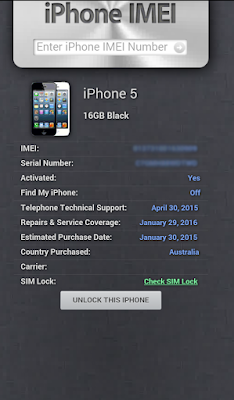 Hasil cek imei iPhone resmi di Iphoneimei.info