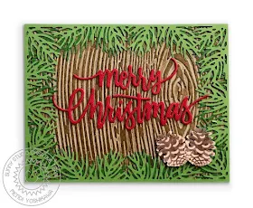 Sunny Studio:  Pinecone Merry Christmas Rustic Holiday Card (using Christmas Trimmings Stamps, Christmas Garland Frame Dies & Woodgrain 6x6 Embossing Folder)