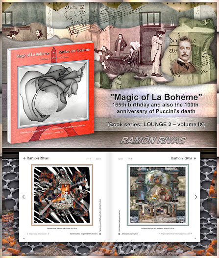 Las dos obras de Ramón Rivas: "Puzle Experiencial" y "Explosión de Arte con Puccini en el libro de arte y poemas: "Magic of La Bohème"