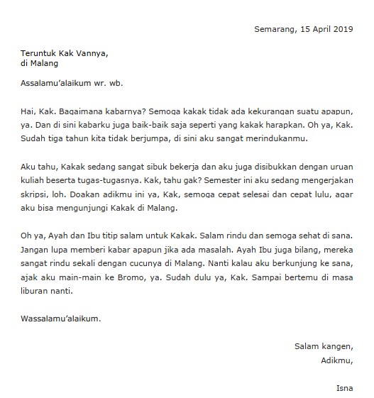 Contoh Surat Pribadi untuk Kakak (via: seruni.id)