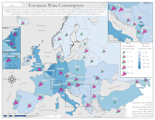 Map showing population density vs wine consumption for European countries