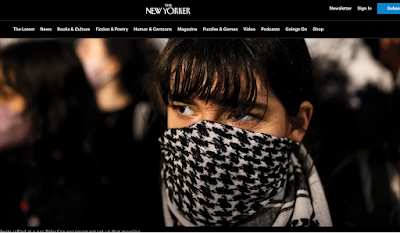 screenshot from The New Yorker article of the face of a young pro-Palestine female protestor