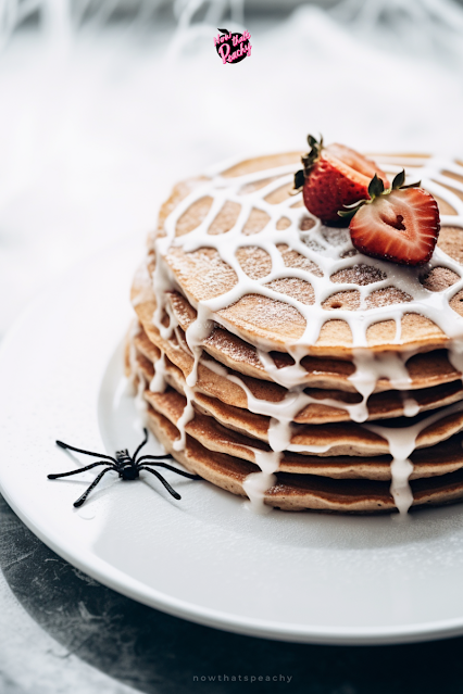 Drizzle your topping in a spiderweb pattern for elegant Halloween Pancakes