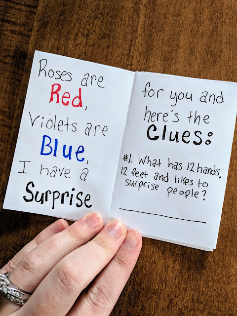 funny pregnancy announcement, pregnancy announcement, book of clues, baby, pregnant, expecting, tell husband your are pregnant, sorry I'm late but you have good aim, Valentine's Day pregnancy announcement, pregnancy humor, pregnancy clues, roses are red violets are blue I'm due with baby