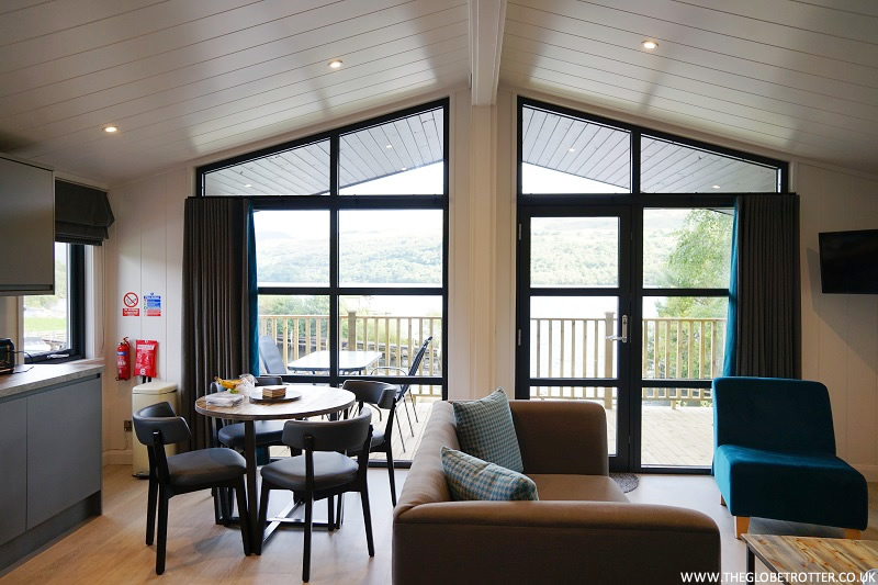 Open plan living space in the Waterfront Lodge at Loch Tay Highland Lodges