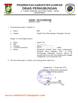 Contoh Format Surat Keterangan Telah Melaksanakan PKL/Magang ~ Secercah