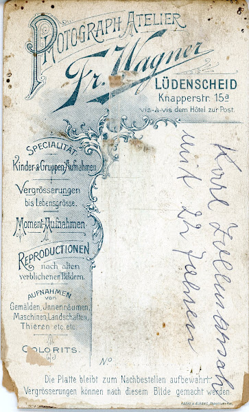 Carte de visite, Fr. Wagner, Knapperstr. 15a, Lüdenscheid, achterkant