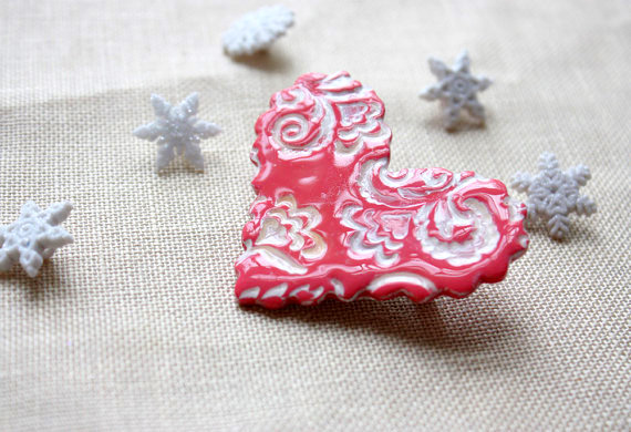 Coral peach rose filigree heart brooch Phydeaux Designs Etsy