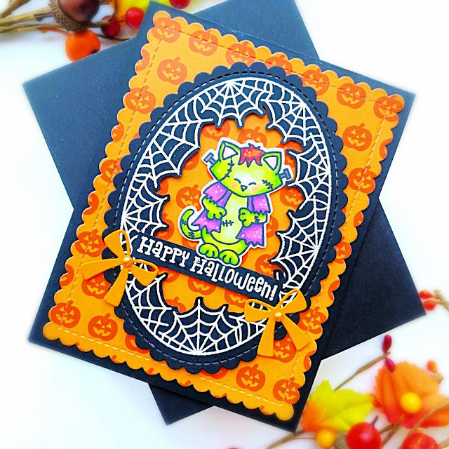 Happy Halloween Frankenstein Card by Maria Russell | Franken-Newton Stamp Set, Spiderweb Oval Stamp Set, Oval Frames Die Set and Baby Bibs Die Set by #newtonsnook #handmade