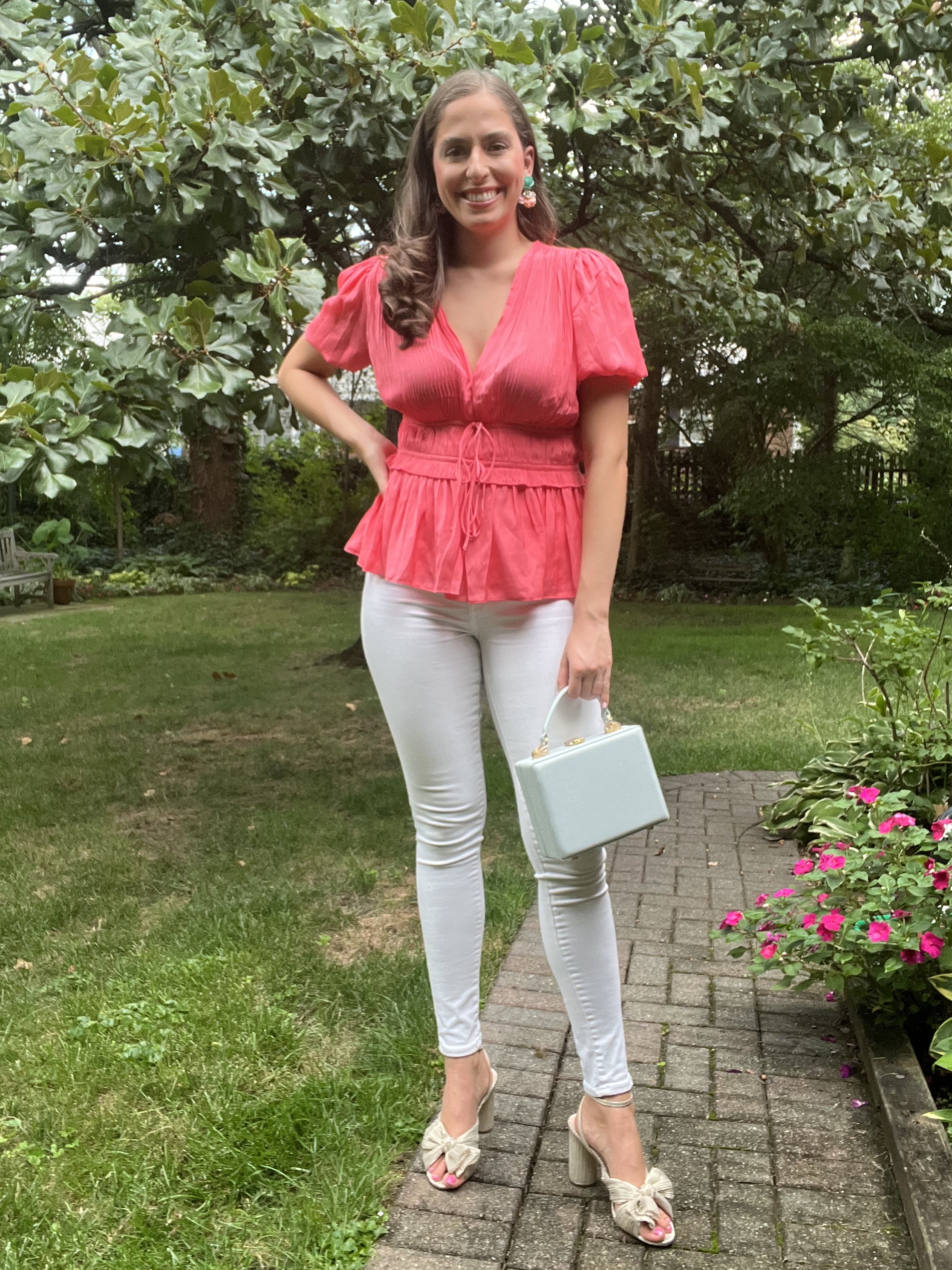 date night, date night outfit, summer outfit, white jeans, loeffler randall heels, kendrick trunk, brandon blackwood bag, long island