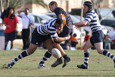 BYU Rugby Center Viliami Vimahi cleanly wraps a UCSB back for the tackle
