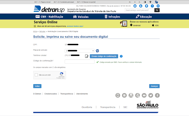 Coloque os dados necessários para consultar o Licenciamento: Imagem /Reprodução: Fábio Salvador