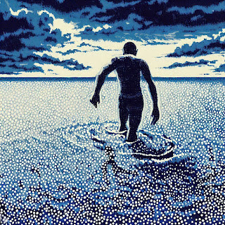 person wading through deep water, pointillism