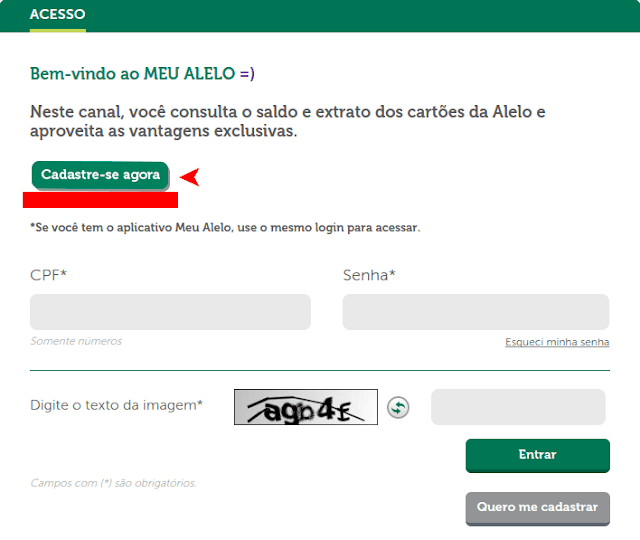 Imagem do formulário para cadastro do cartão alelo Visa Vale.