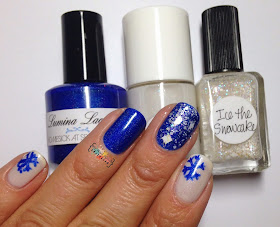 Blue Christmas mani, Lumina Lacquer Homesick at Spacecamp, The Nail Junkie Snowflake, Lynnderella Ice the Snowcake