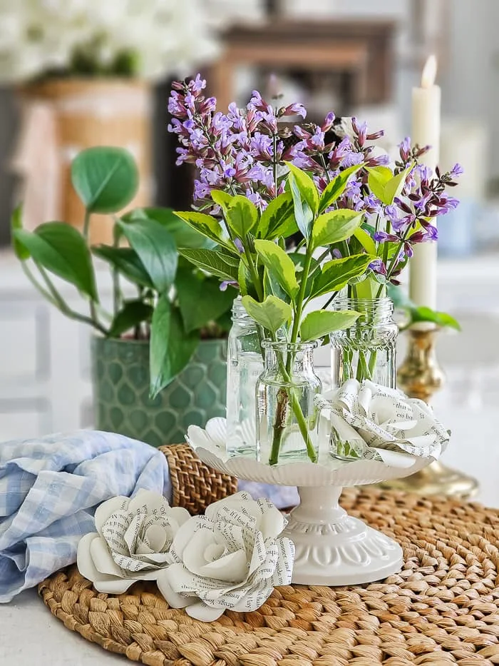 spice jar vases, purple flowers, paper rose, gingham napkin