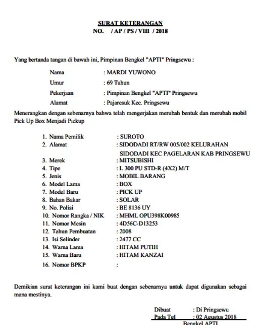 Surat Keterangan Rubah Bentuk Mobil