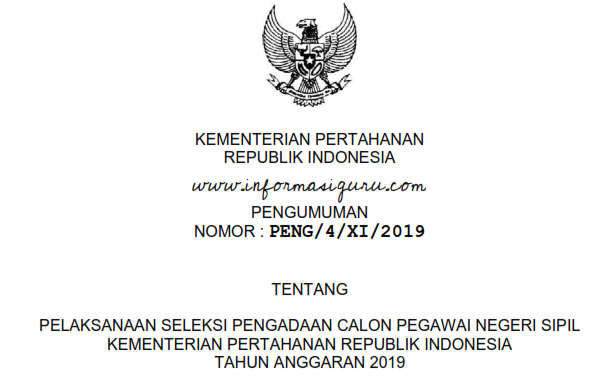 Download Rincian Formasi Lengkap dan Jadwal Pelaksanaan Seleksi Pengadaan CPNS Kementerian Pertahanan/Kemenhan Tahun Anggaran 2019