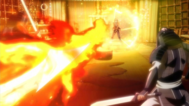 A dramatic special fx scene showing fire bursting forth from a sword from the viewer's perspective colliding with Arata's magical golden shield as a soldier stands on the sidelines