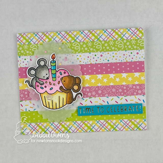 Time to celebrate by Debbie features Birthday Meows, Birthday Mice, Birthday Greetings, and Oval Frames by Newton's Nook Designs; #inkypaws, #newtonsnook, #birthdaycard, #micecards, #cardmaking, #cardchallenge