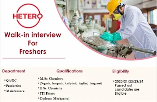 Hetero Pharma Freshers Jobs: ITI, Diploma, BSc, MSc Openings for Campus Placement Walk-in Interviews