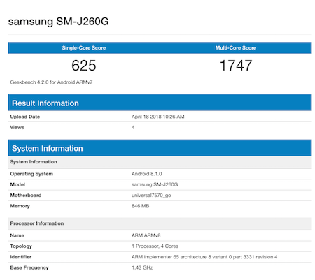 Samsung J2 Core might be the first Android Go smartphone by Samsung; Samsung SM-J260G lists on Geekbench