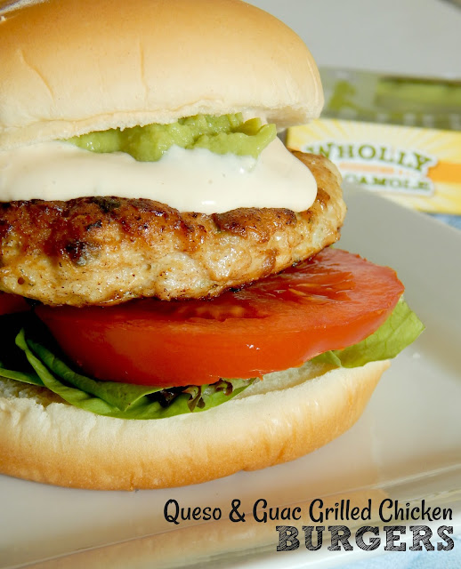 Queso & Guac Grilled Chicken Burgers...the best party burger!  Juicy, cast iron skillet chicken burgers, topped with creamy queso and guacamole.