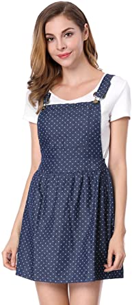 Allegra K Women's Dots Pattern Adjustable Straps Mini Pinafore Jean Denim Overall Dress