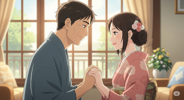 井ノ原快彦・瀬戸朝香夫婦の強い絆を象徴するイラスト。温かいイラスト調の二人が手を取り合い、信頼に満ちた笑顔で見つめ合っている。