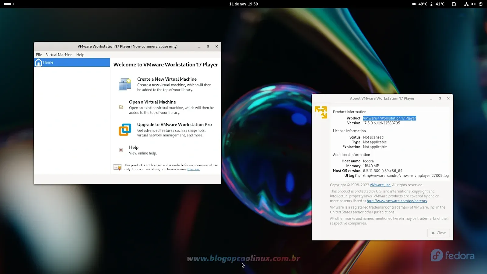 VMware Workstation Player executando no Fedora 39 Workstation, com o ambiente de área de trabalho GNOME