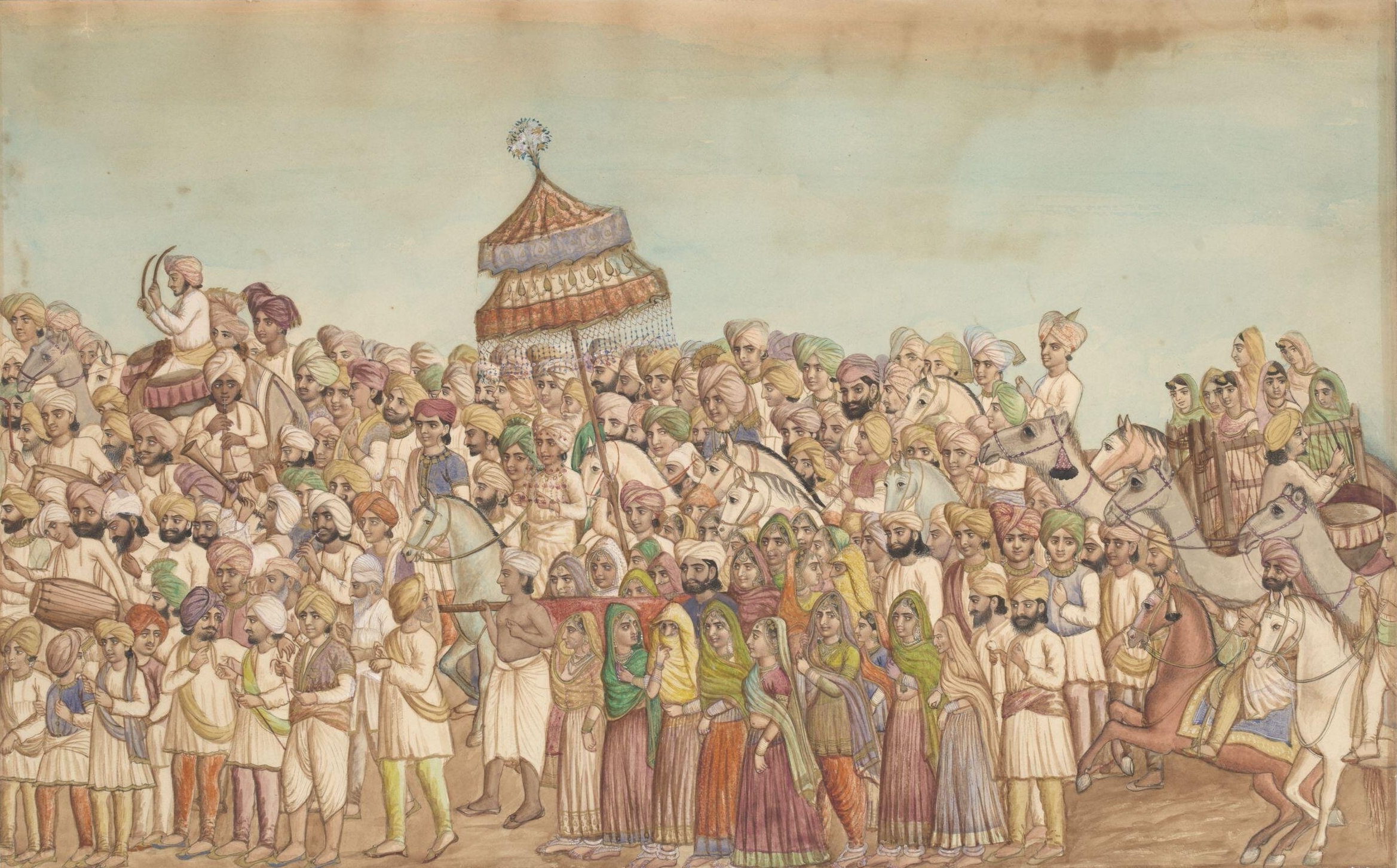 Indian Sikh Wedding (Marriage) Procession, Punjab, India | 1860 | Rare Old Punjab Painting | Rare Old Indian Painting