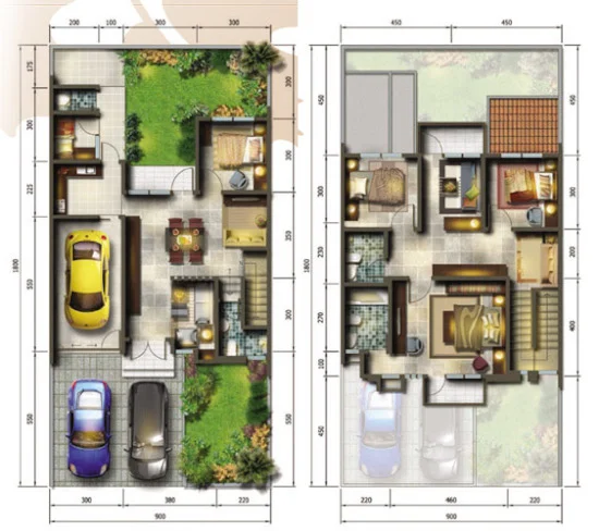 16 Denah rumah minimalis ukuran 9x18 meter 5 kamar tidur 2 lantai