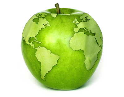 A green apple with a map pf the globe on its peal