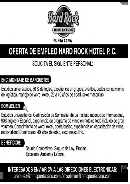 #OfertaEmpleo Hard Rock Punta Cana tiene 2 #Vacantes Envia tu CV