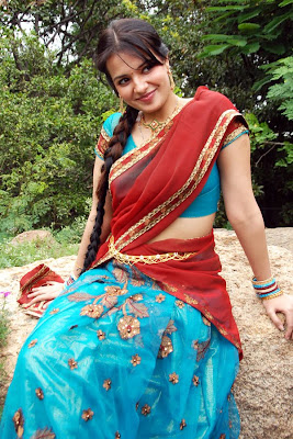 Saloni Hot Navel Show in Red Half Saree Photos