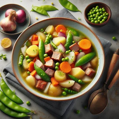 Auf dem Bild ist ein Steckrübeneintopf mit vielen Gemüsesorten zu sehen. Neben der Steckrübe sieht man klein gewürfelt Kartoffeln, Schwarzwurzeln, Möhren und Zuckerschoten. Die Suppe sieht sehr lecker und appetitlich aus.